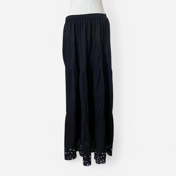 VTG 90s Phool Black Cotton & Iridescent Beaded Tiered Beach Goth Maxi Skirt L/XL - Picture 4 of 7